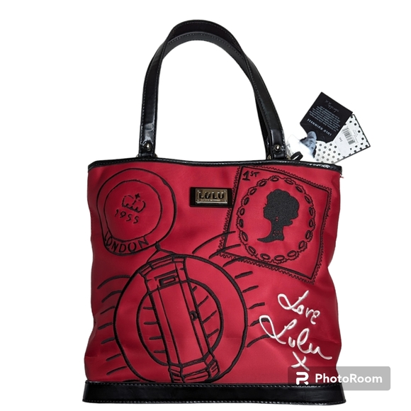Lulu Guinness London Print Red Black Handbag Shoulder Bag Purse Stamp NWT - Picture 16 of 16
